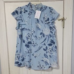 Blue Floral Blouse with Ruffle Sleeves